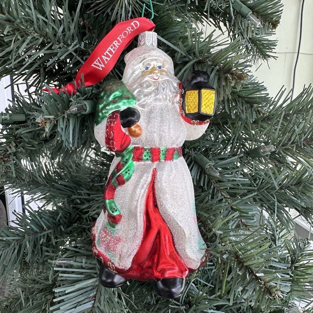 VTG Waterford Holiday‎ Heirlooms Blown Glass Poinsettia Santa Ornament With Box